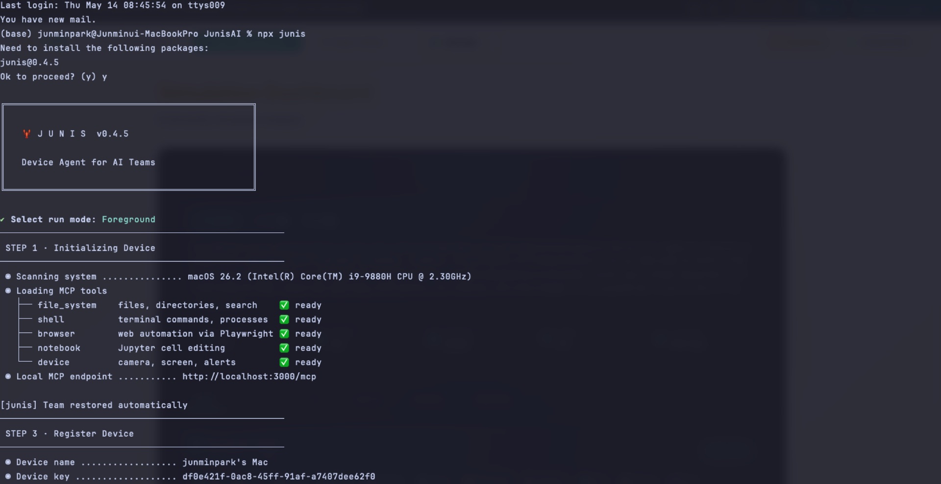 npx junis — Device Agent